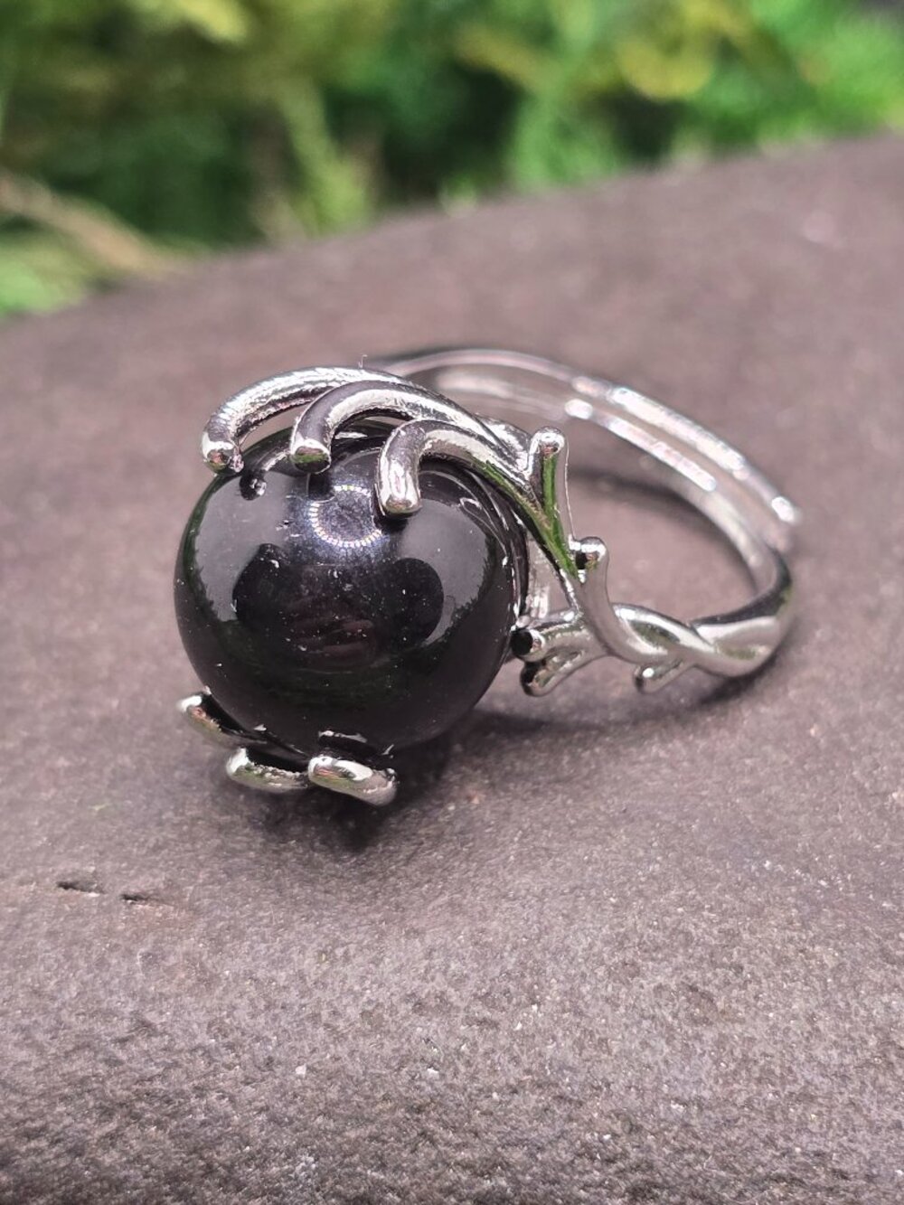 Black Obsidian Sphere Adjustable Ring Size 6-10 Silver Tone Jewelry